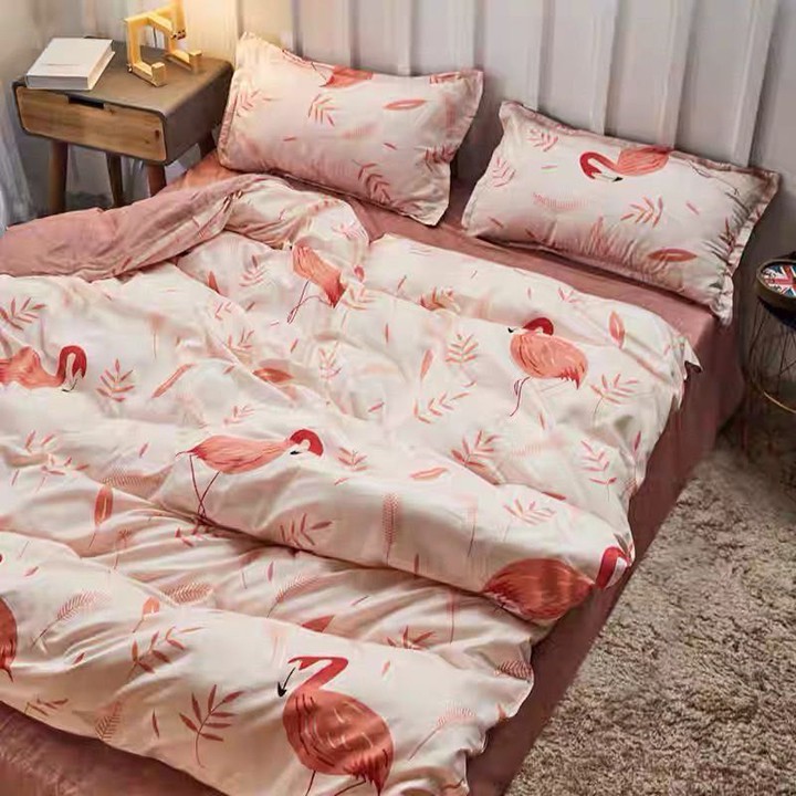 Bộ chăn ga gối drap giường chất cotton poly họa tiết hạc hồng
