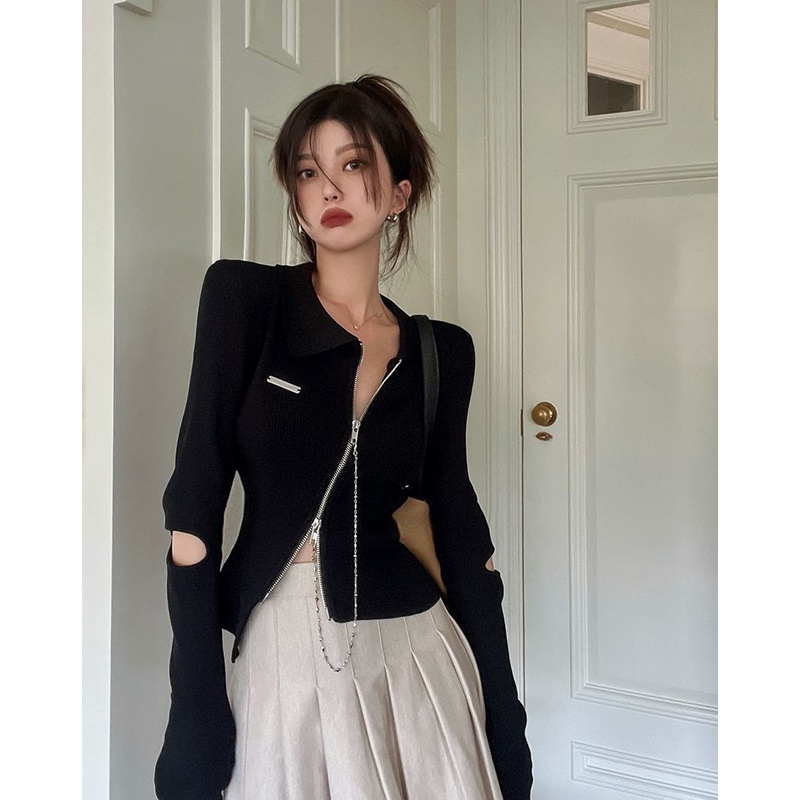 Áo Khoác Cardigan Dệt Kim Dáng Ngắn Tay Dài Phối Khóa Kéo Thời Trang Mùa Thu Cho Nữ