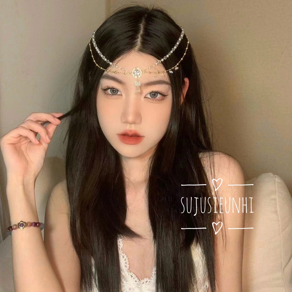 Cài trán dây đôi dạng kẹp đính đá và hoa trong suốt bất đối xứng , vòng đeo đầu cosplay cổ trang