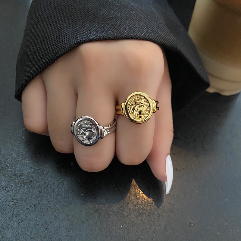 Nhẫn Chân Dung Tròn Màu Vàng / Bạc Phong Cách Gothic Đơn Giản Tùy Chỉnh Thời Trang Cho Nam Và Nữ