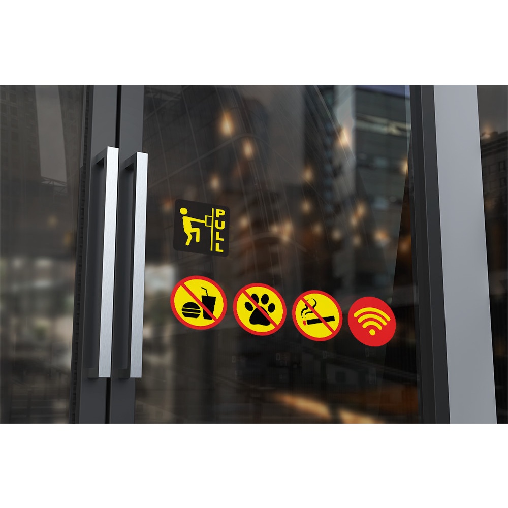 Bộ 6 Sticker Decal dán Biển Báo Đẩy Kéo cửa, No Smoking, Wifi, không đem thức ăn và thú cưng vào quán, kích thước 10cm