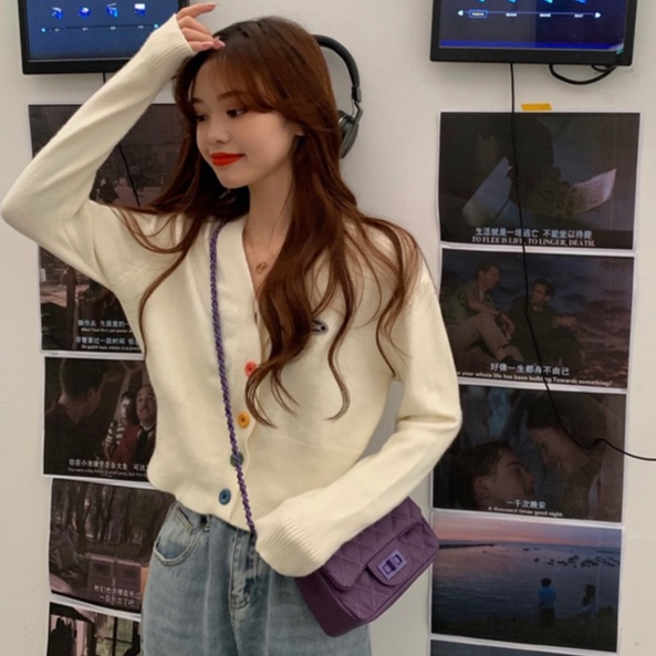 ihkke Áo khoác cardigan dệt kim dáng ngắn phối nút màu cầu vồng phong cách Hàn Quốc trẻ trung cho nữ
