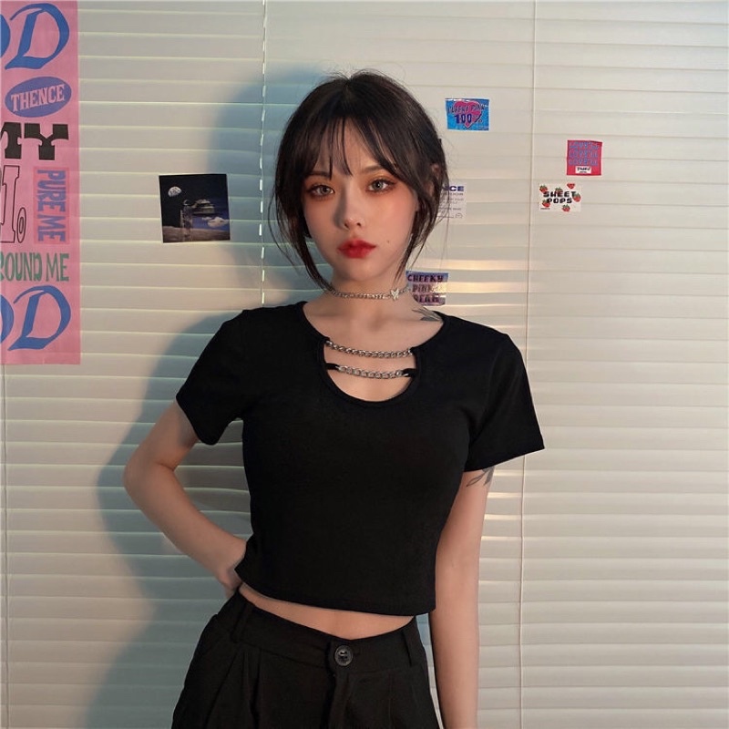 Áo croptop phối xích cổ cá tính, áo kiểu A107