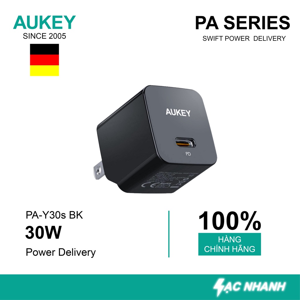 Củ sạc nhanh Aukey PD 30W PA-Y30S | Sạc nhanh dành cho iphone 13