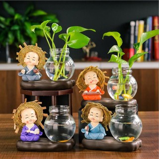 Bộ 4 Tượng Chú Tiểu Đội Nón Rơm Kèm Bình Thủy Sinh Trồng Cây Dễ Thương Để Bàn Làm Việc - Go Home