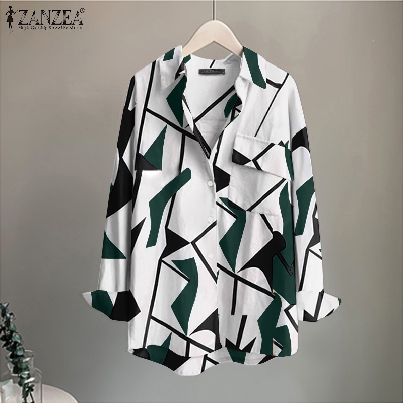 Áo sơ mi Zanzea tay dài có túi họa tiết hình học dành cho nữ