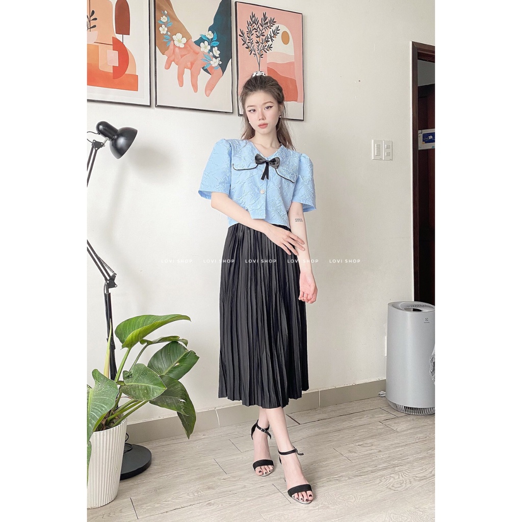 LOVI SHOP Áo croptop sơ mi xốp tay phồng ngắn phối nơ dịu dàng nữ tính mùa hè 2022