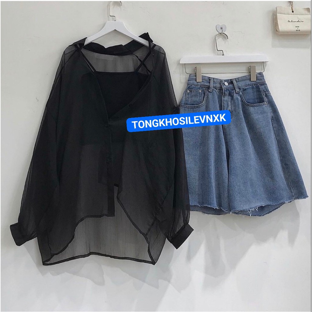 SET ÁO SƠ MI LƯỚI QUẢNG CHÂU MIX ÁO 2 DÂY HOT - SƠ MI GIẤY BUỘC ĐEN TRẮNG ULZZANG -(Sắn)