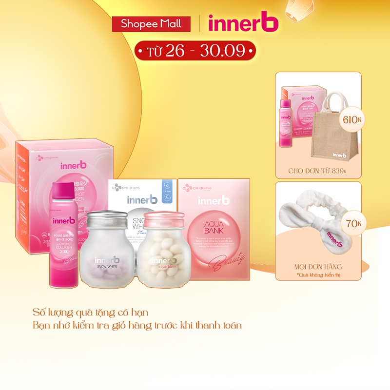 Combo 3 thực phẩm bảo vệ sức khỏe InnerB Aqua Bank + InnerB Snow White & Hộp 6 chai nước uống Collagen InnerB Glowshot