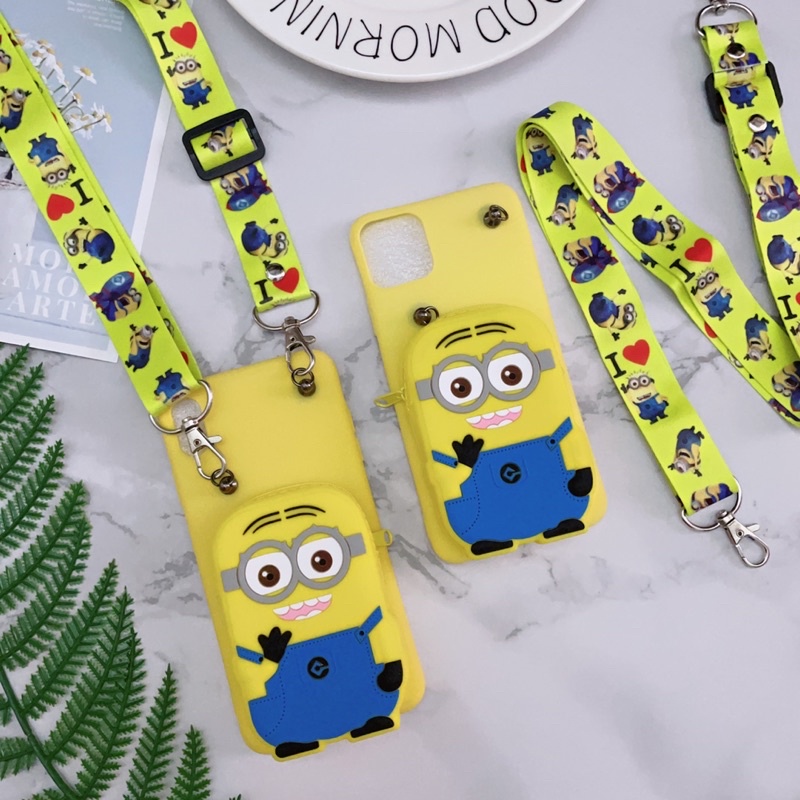 Ốp iPhone XsMax/11/11ProMax Silicon Dẻo Hình Minion Kèm Ví Và Dây Đeo