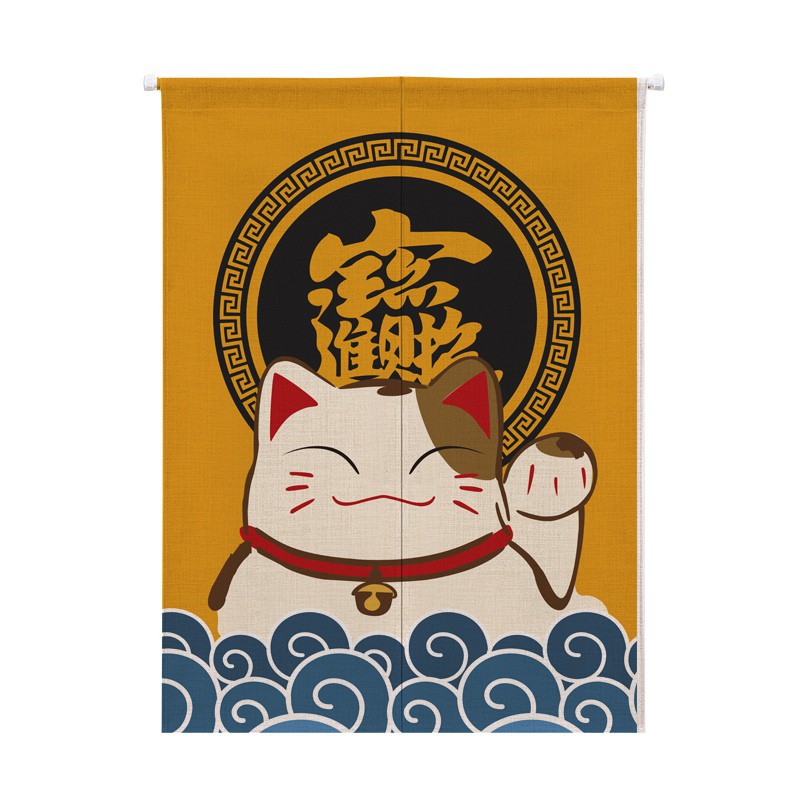 Rèm cửa Noren phong cách Nhật Bản bằng vải cotton lanh in họa tiết mèo may mắn / Maneki Neko
