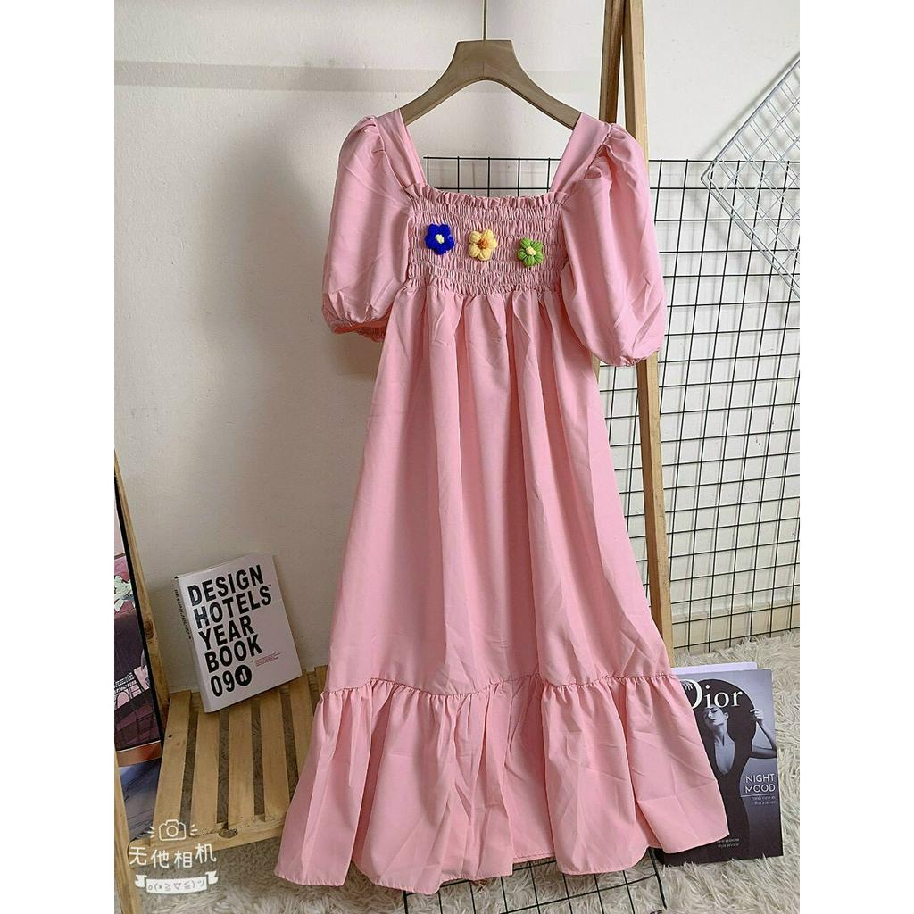 Đầm Babydoll Tay Phồng Hoa Thêu Xinh Xắn,Đầm Suông Nhún Ngực Bầu Bí Bon Chen Chất Lụa Mềm Mát