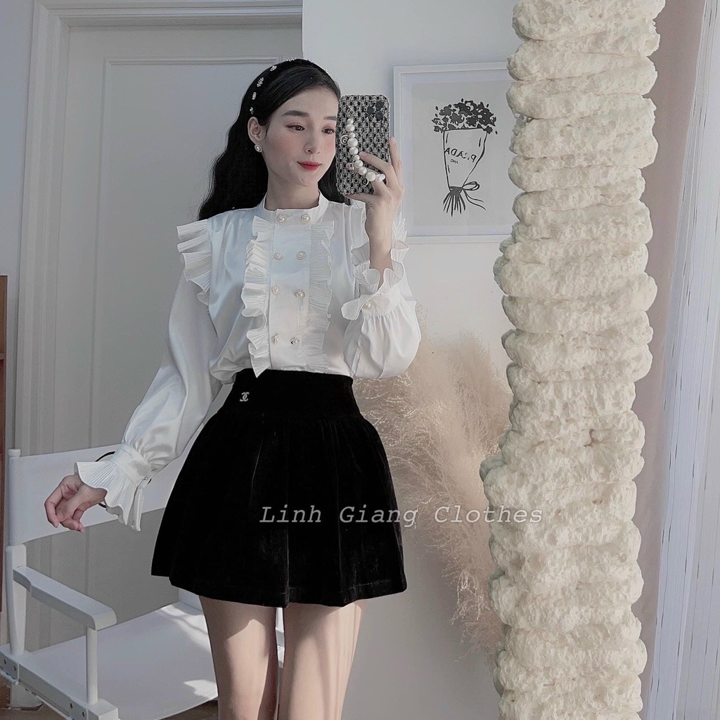 Áo sơ mi bèo dập li khuy ngọc hot