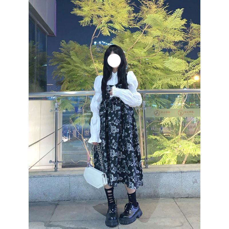 🔥 Set Áo Sơ Mi Dài Tay Và Đầm Dây Họa Tiết Hoa Vintage Dành Cho Nữ