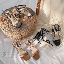 Sandal quai mảnh mũi vuông da si gót trụ - 7P