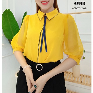 [SALE 50%] - Áo sơ mi nữ thiết kế vải lụa hàn nhập cao cấp cổ thêu tay bồng phong cách sang trọng - A1