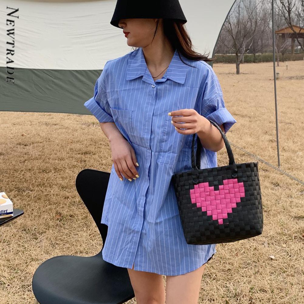 Women Heart Woven Contrast Color Handbag Top-handle Shopping Bag