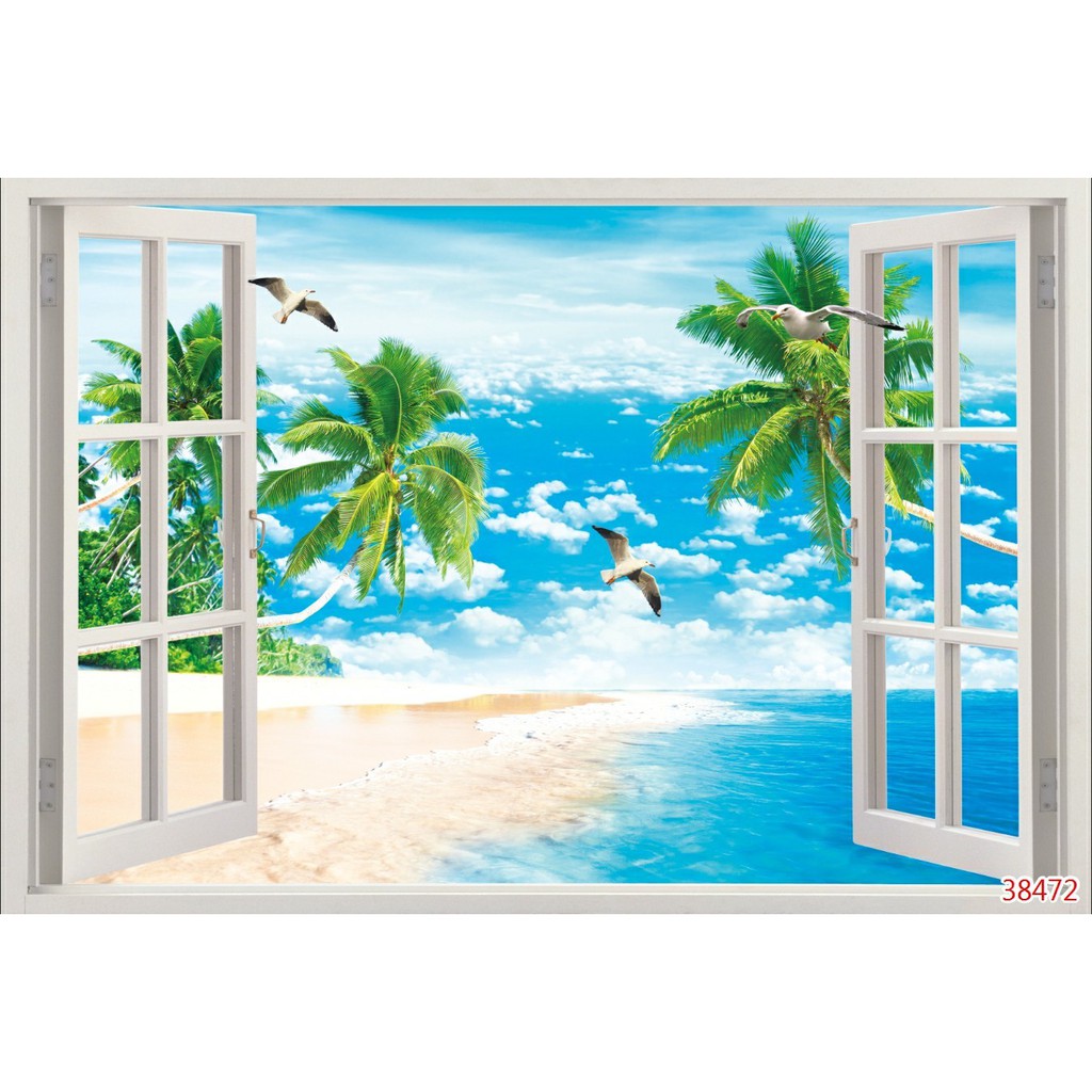 Decal tranh dán tường 3d khung cửa sổ phong cảnh trang trí phòng khách chất liệu decal pp keo sẵn bóc dán atk2