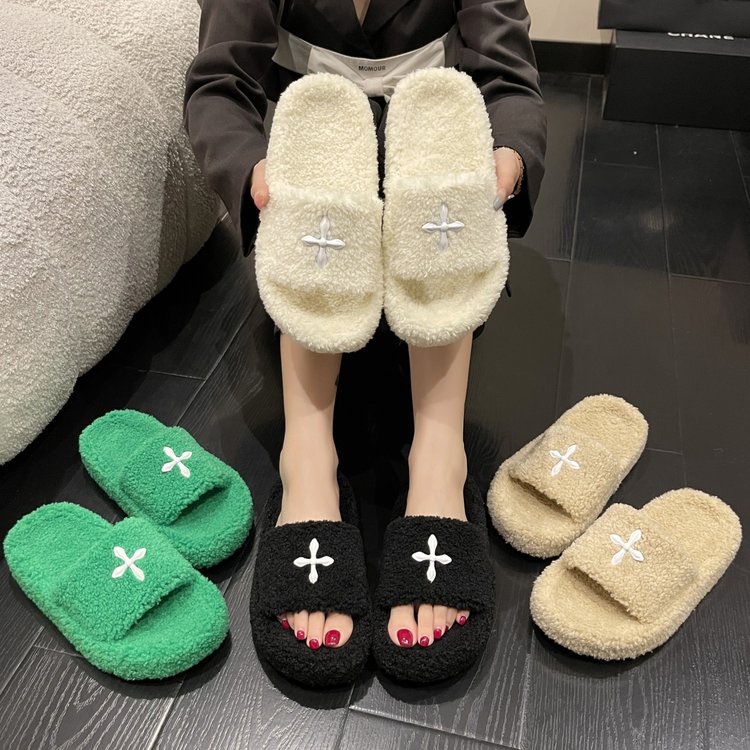 Dép Bông Đế Phẳng Hở Ngón Phối Màu Sắc Tương Phản Thời Trang Thu Đông Phong Cách Ulzzang Mới