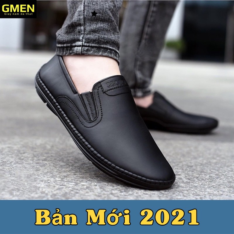 Giày lười nam da bò mềm mại đế cao su khâu chỉ bảo hành 12 tháng GM09