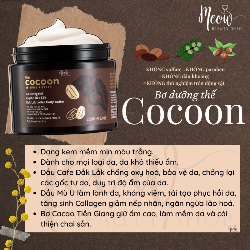 Bơ Dưỡng Thể Chiết Xuất Cà Phê Đắk Lắk Cocoon 200mlLàm Đều DaDưỡng ẨmChống Oxy HoáPhục Hồi Da