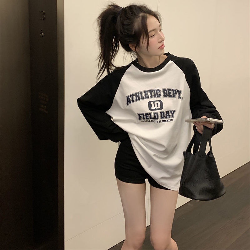 Jiashucheng Áo Thun Tay Dài Dáng Rộng In Chữ Phối Màu Sắc Trẻ Trung Thời Trang Thu Đông Cho Nữ