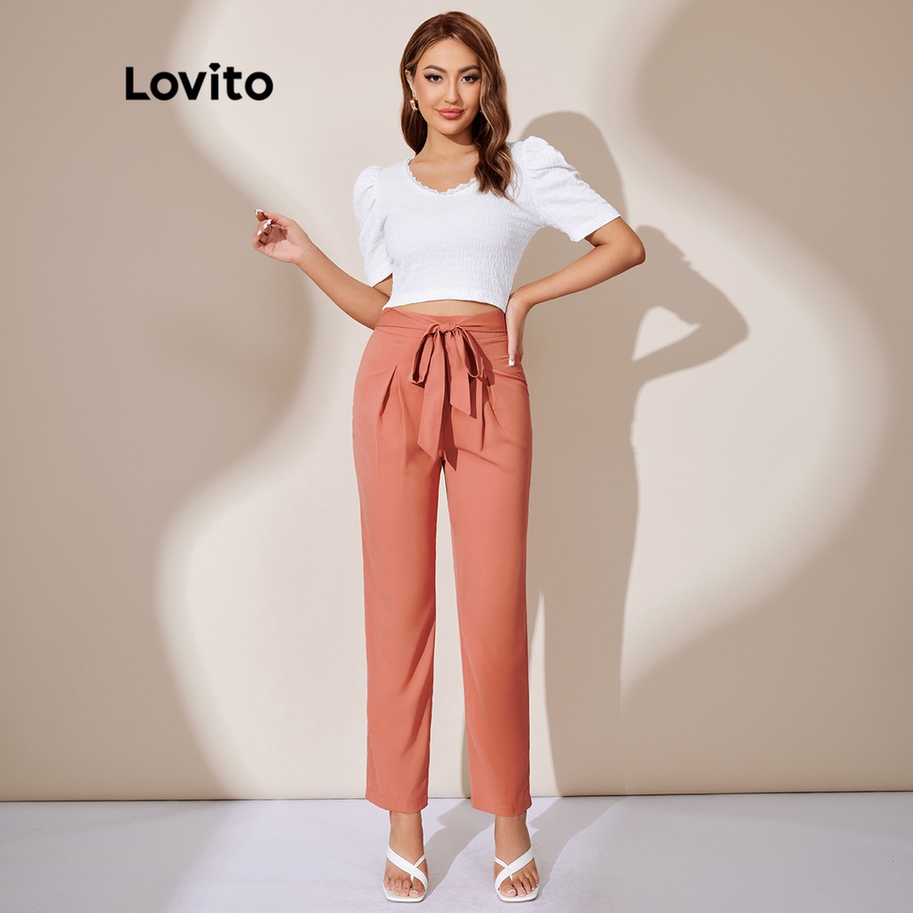 Quần Lovito eo nhún chun cột dây màu trơn thanh lịch L25LD087 (màu hồng)