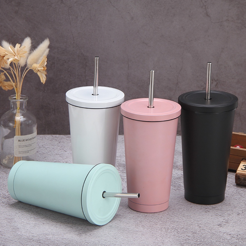 Cốc Uống Cà Phê 500ml / 750ml Bằng Thép Không Gỉ Có Thể Tái Sử Dụng Kèm Ống Hút