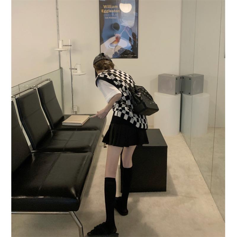 Áo Len Không Tay Cổ Chữ V Dáng Rộng Họa Tiết Caro Kiểu Hàn Quốc Thời Trang Mùa Hè Mới 2021 Cho Nữ