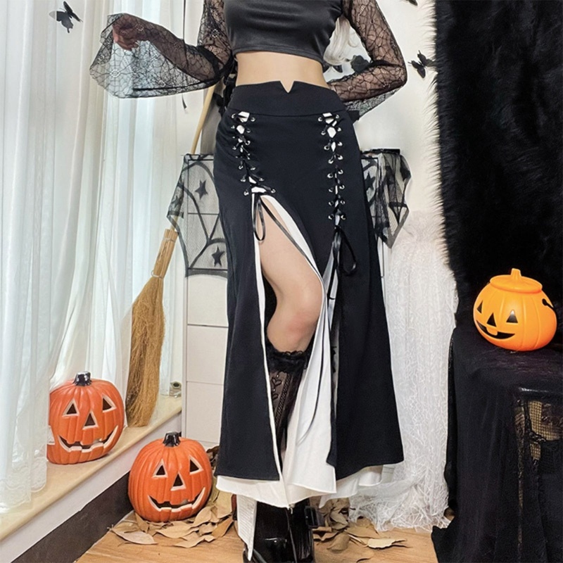 Chân Váy Midi Dài Dáng Chữ A Lưng Cao Xẻ Tà Cột Dây Phong Cách Harajuku Gợi Cảm Cho Nữ