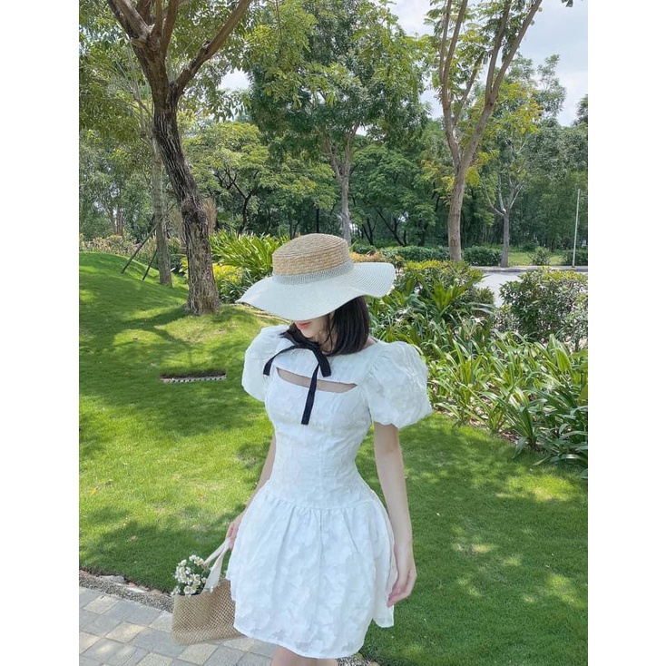 Đầm Xoè Ren Hoa Khoét Ngực Xếp Li Tay Phồng ALIS KC1413