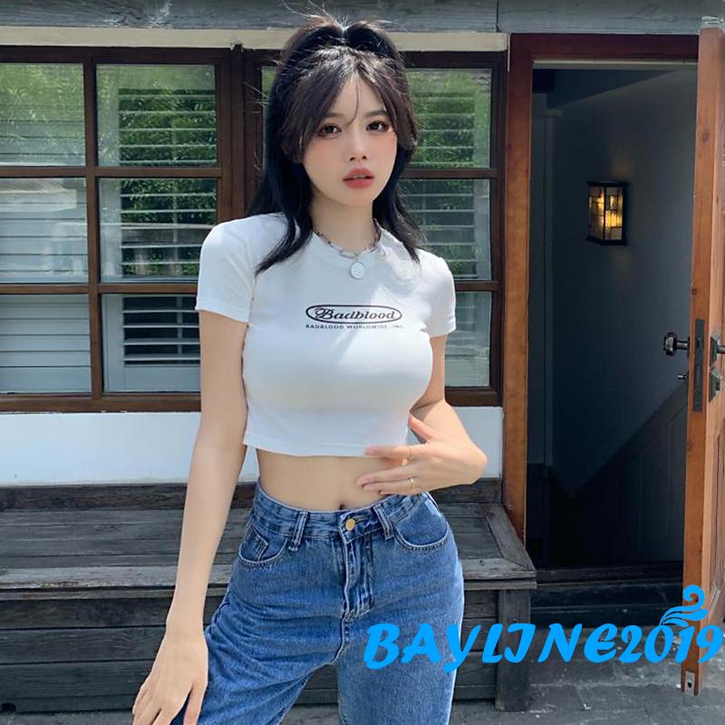 Bay-Women´s Crop Tops, Round Neck Short Sleeve Letter Printed Slim Pullover Short T-Shirt for Young Ladies