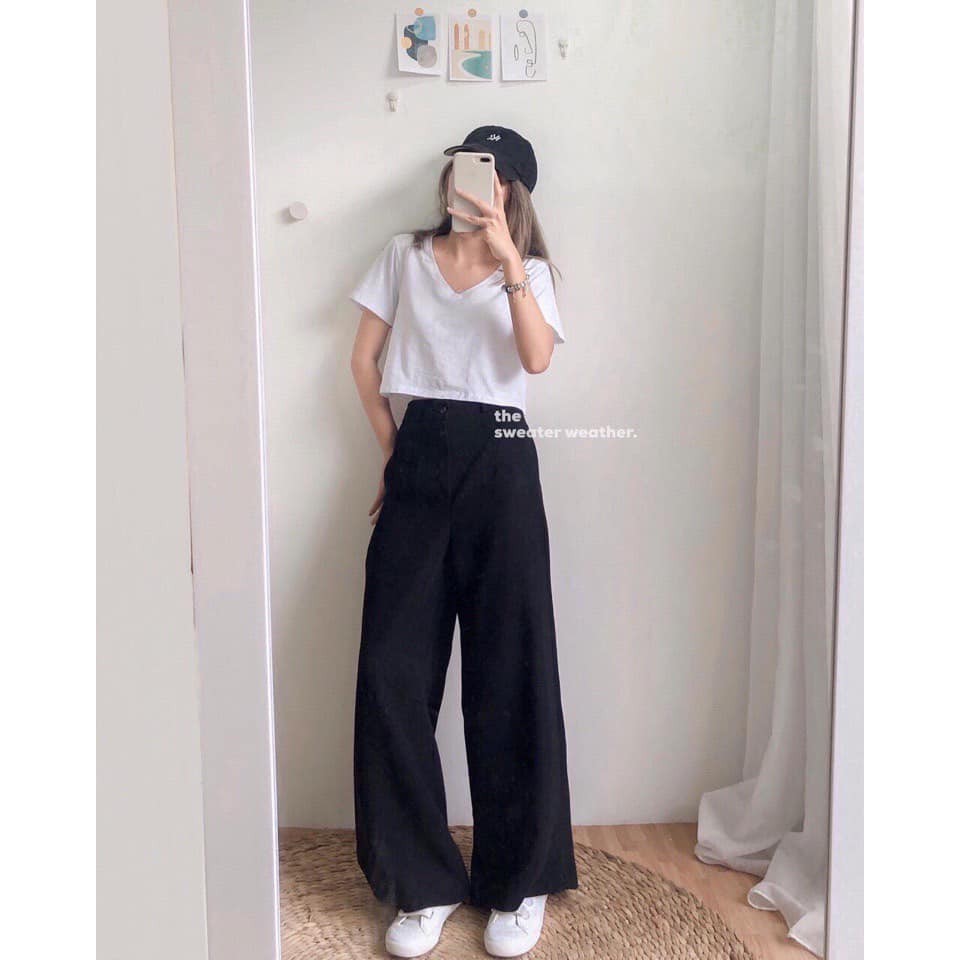 Áo Croptop Cổ Tim PEONYB Nữ [FREESHIP] 🌸 Thun cộc tay basic chữ V, phông trơn ngắn màu ĐEN | TRẮNG Ulzzang HOT 🌸