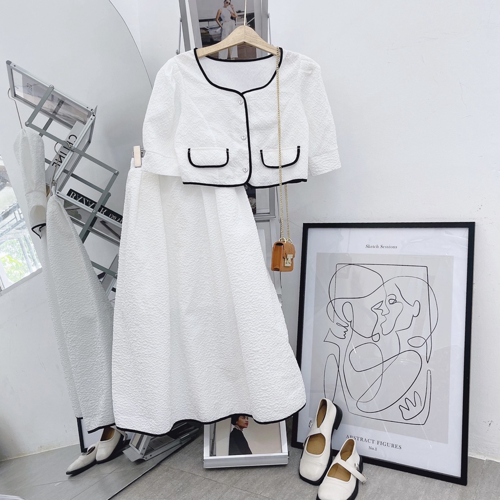 SET ÁO CROPTOP CHÂN VÁY VIỀN (NHÀ)