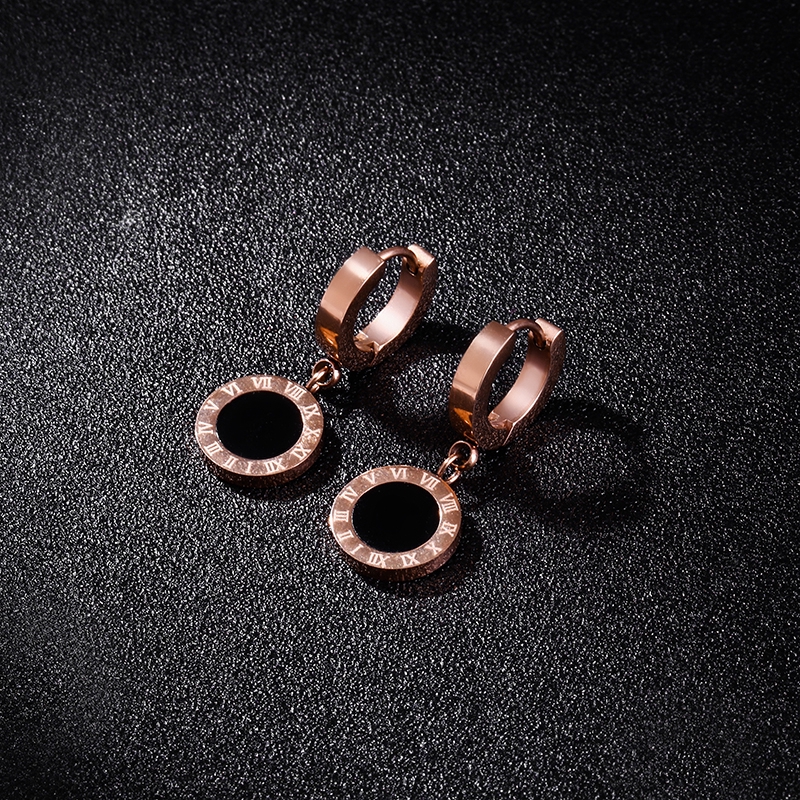 Round Black Shellfish Rose Gold Earrings Titanium Steel Rose Gold Roman Numeral Earrings