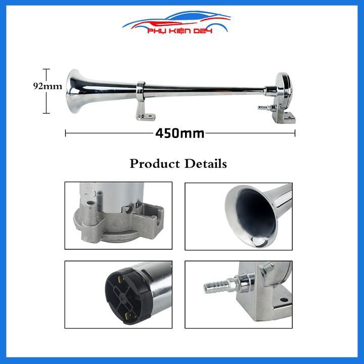 Còi sinh hơi ô tô 12V dài 45cm hợp kim mạ kẽm kèn đơn cường độ 150db