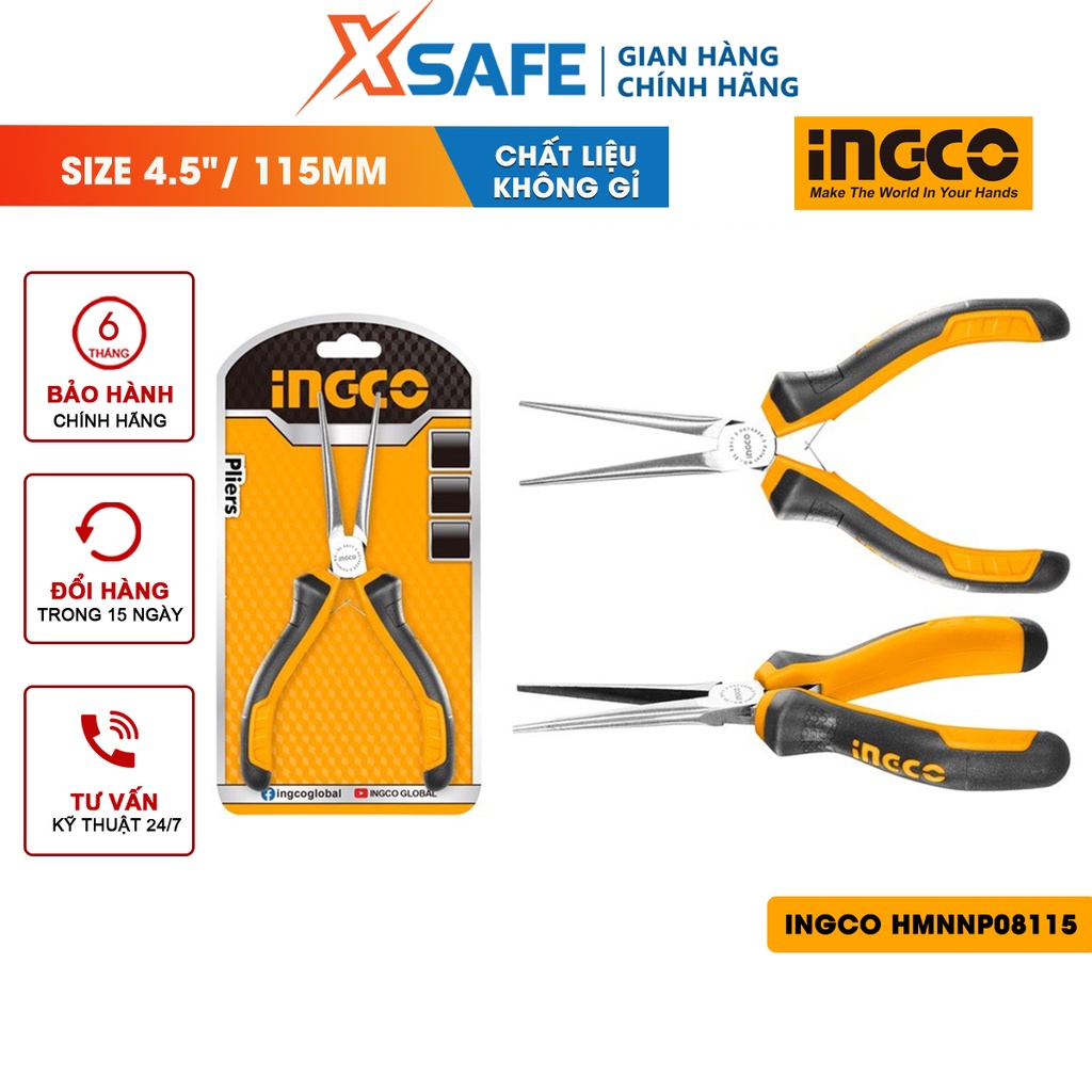 Kìm gắp mũi kim mini INGCO HMNNP08115 4.5 inch đầu kềm được đánh bóng và chống gỉ, tay cầm hai màu