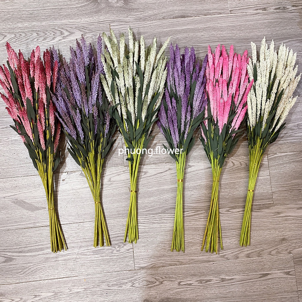 Cành hoa oải hương lavender giả nhân tạo dài 60cm 12 hoa loại lá nhọn đậm cắm chậu trang trí tuyệt đẹp