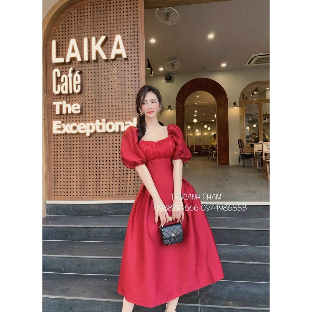 Đầm váy nữ tay phồng cổ vuông ngực xếp ly sang chảnh, quý phái thời trang nữ cho quý cô dự tiệc xịn xò