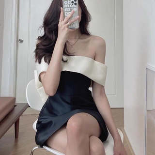 ĐẦM TRỄ VAI PHỐI MÀU TRẮNG ĐEN, Váy Nữ Thắt Nơ Lưng