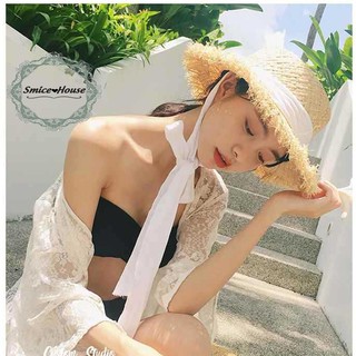 Mũ cói raffia vành nhỏ tiểu thư có cột nơ viền rách tua rua dùng đi biển, chụp hình, che nắng phong cách vintage