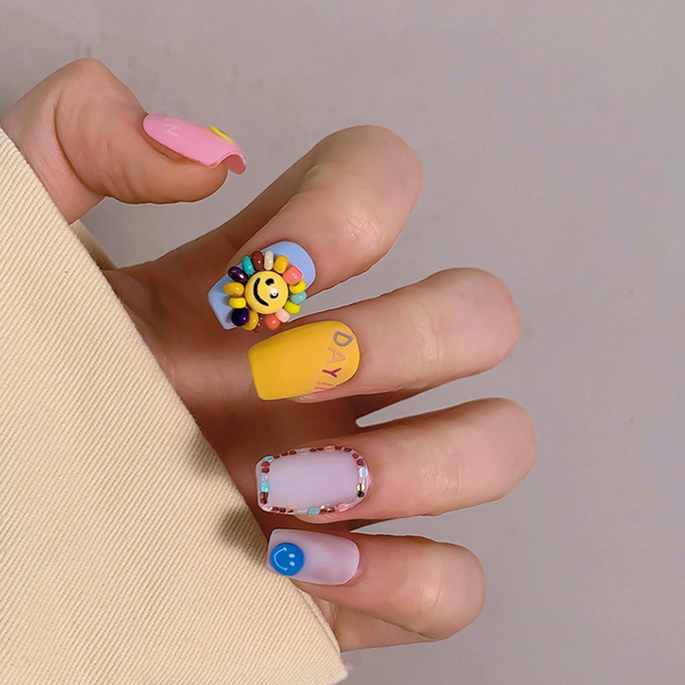 [Hàng mới về] Phụ kiện trang trí móng tay nghệ thuật họa tiết hoa / mặt cười 3d nhiều màu dễ thương diy