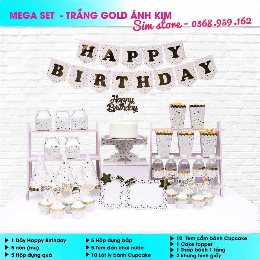 Set Mega Trang Trí Sinh Nhật Chủ Đề Người Lớn Màu Trắng Gold Ánh kim