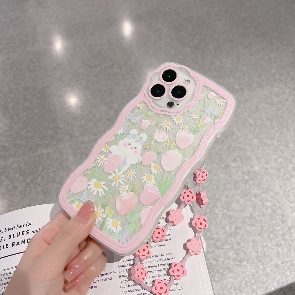 Ốp Điện Thoại Mềm Chống Sốc In Hình Thỏ Hoa Dễ Thương Viền Gợn Sóng + Dây Đeo Cho iPhone 13 12 11 Pro XS Max X XR 7 8 plus