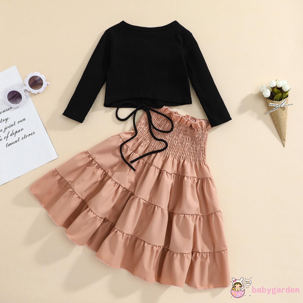 Bộ Áo Thun Tay Dài Màu Trơn Phối Chân Váy Xếp Ly Thời Trang Cho Bé Gái