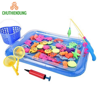 Bộ Đồ Chơi Câu Cá Cho Bé, Bộ đồ chơi câu cá gồm bể phao, các sinh vật biển, cần câu. Kèm giỏ Đựng To