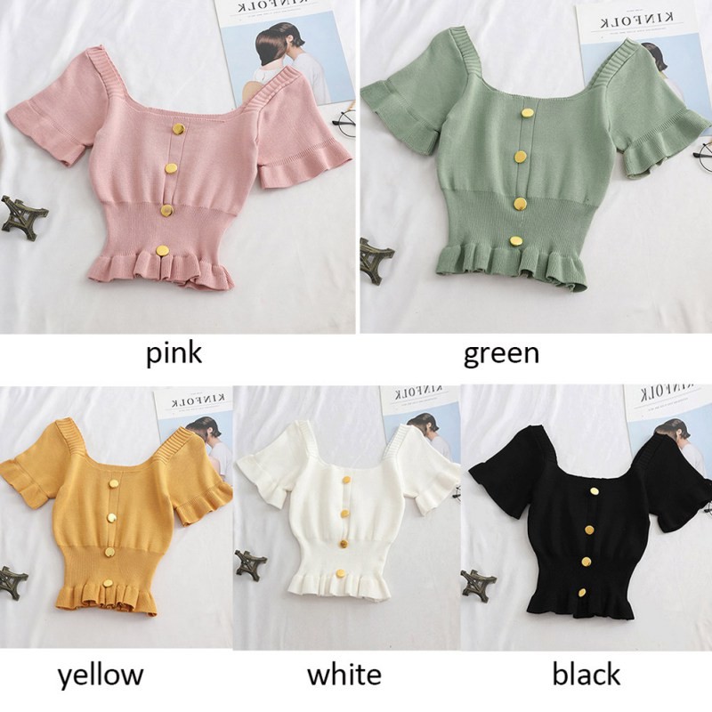 Áo dệt kim cổ vuông phối khuy thiết kế ôm dáng thời trang cho nữ