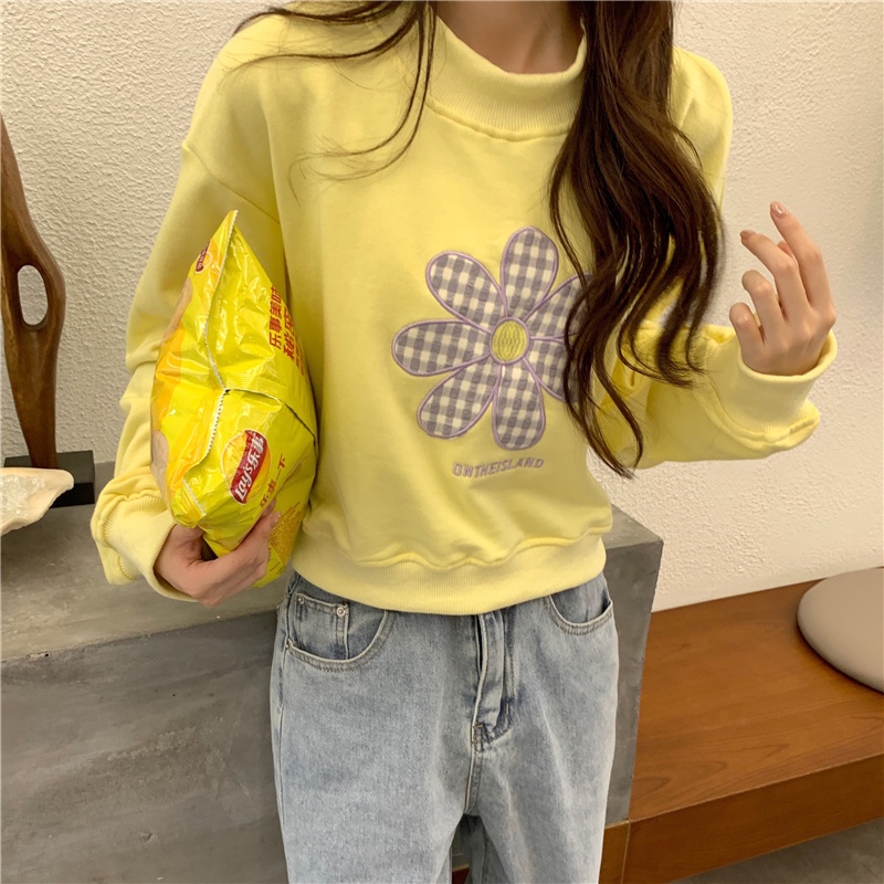 Áo sweater SUXI thể thao tay dài dáng rộng họa tiết hoa xinh xắn dễ phối đồ cho nữ