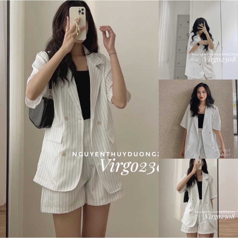 [Ảnh thật/Sẵn]Set vest kẻ sọc 4 cúc ngắn tay/Set blazer kẻ sọc ngắn tay | WebRaoVat - webraovat.net.vn