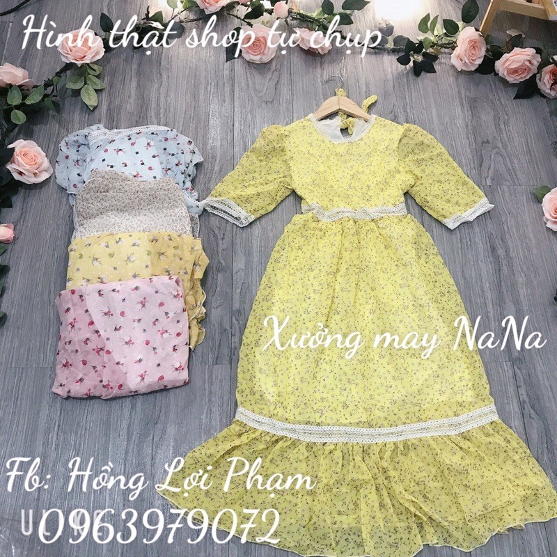 Đầm hoa nhí pha ren tay phồng đuôi cá